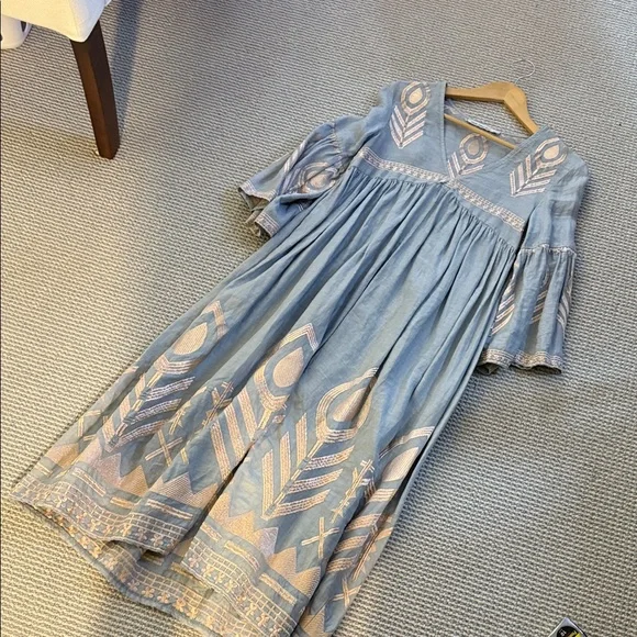 Bohemian Blue and Pink Embroidered Linen Dress - Picture 1 of 4